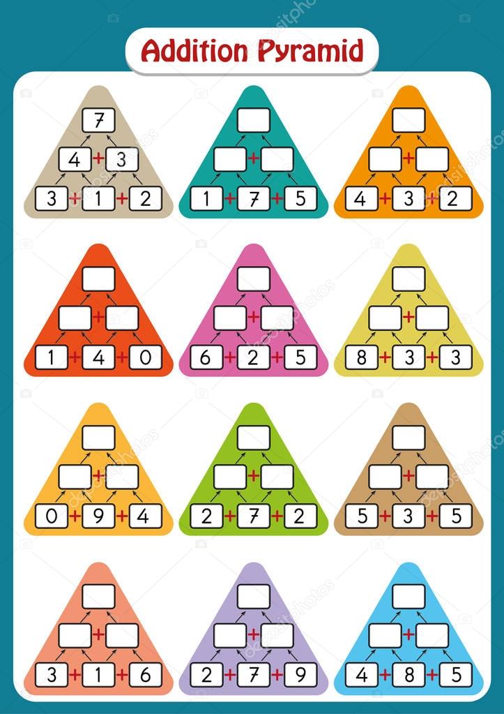 Maths Pyramids for Mental Maths Practice, complete the missing numbers, math worksheet for kids