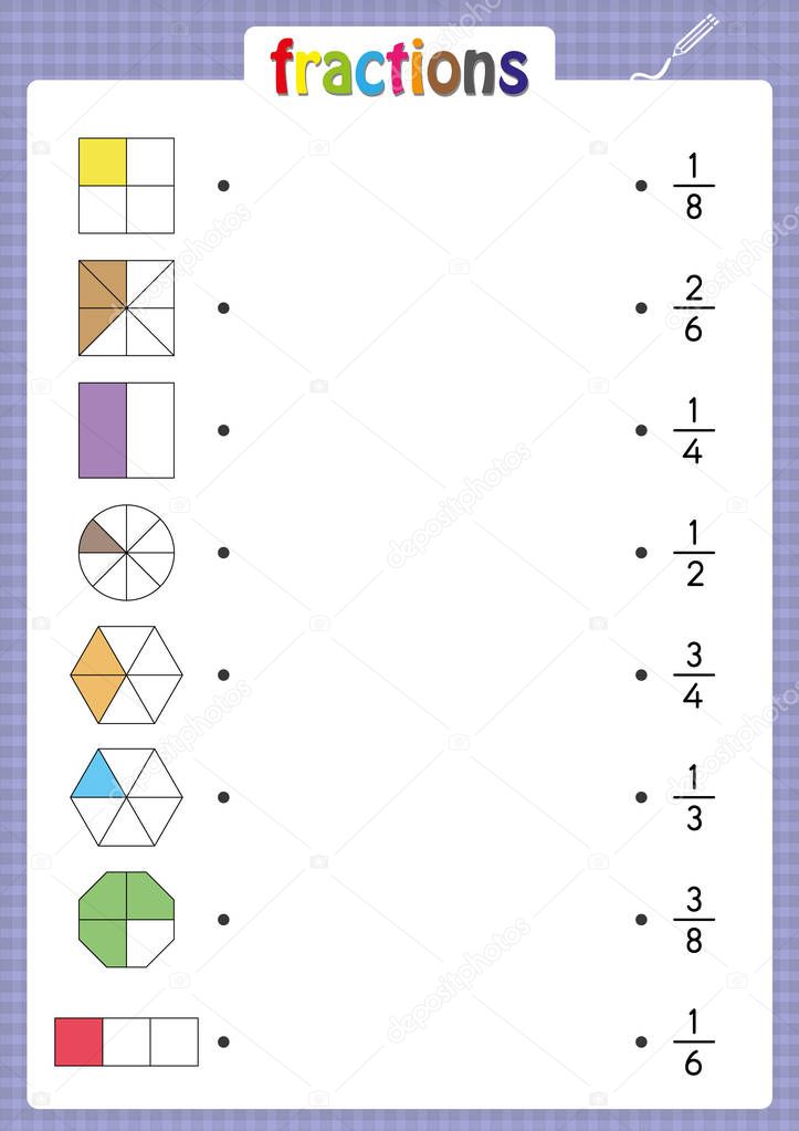 match shapes with correct fractions, education, Mathematics, math worksheet