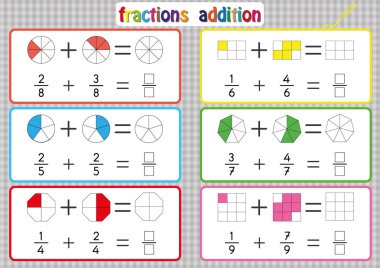 Fractions Addition, Printable Fractions Worksheets for students and Teachers, fraction addition problems. Add two fractions and write the answer in the box. clipart