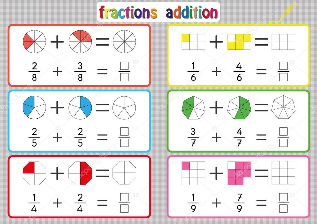Fractions Addition, Printable Fractions Worksheets for students and Teachers, fraction addition problems. Add two fractions and write the answer in the box.
