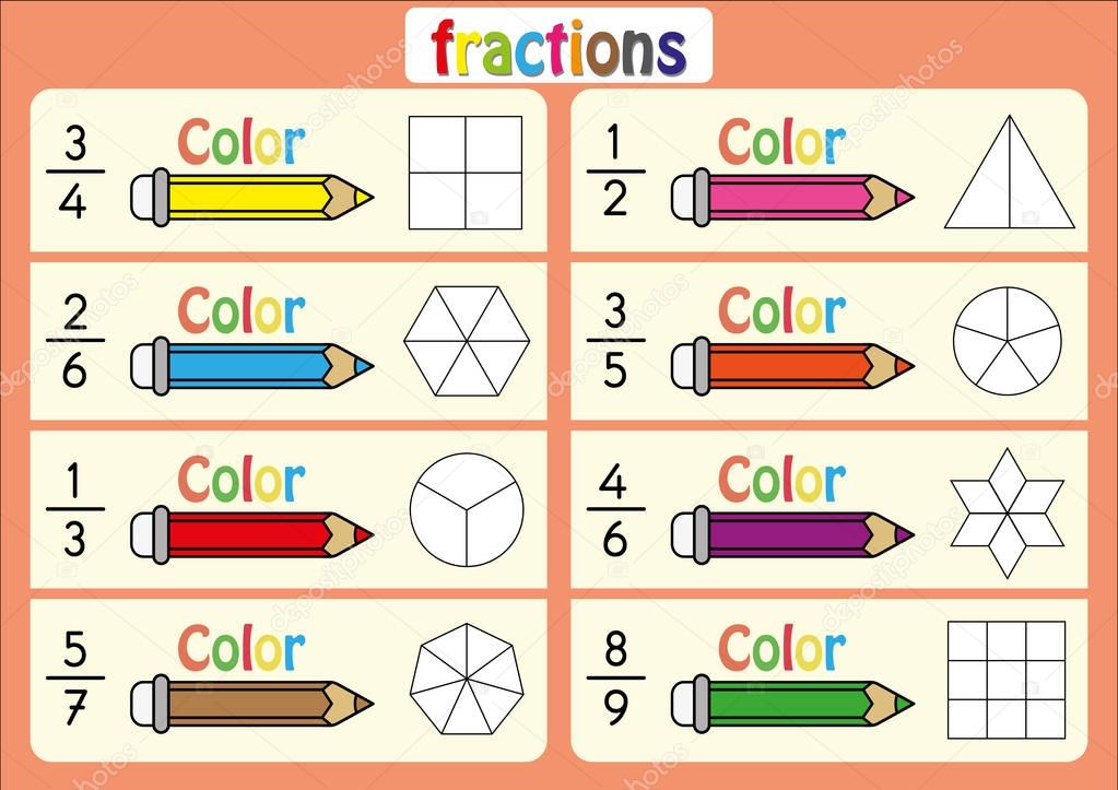 educational, color the parts of the shape that represent each fraction, math worksheet