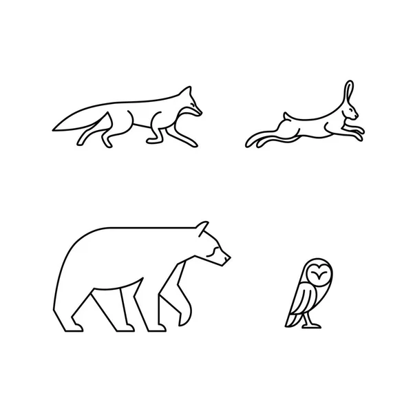 Monoline Animals Set Monoline Animals Fox Hare Bear Owl — Stock Vector