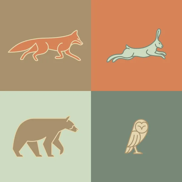 Monoline Animals Set Monoline Animals Fox Hare Bear Owl — Stock Vector