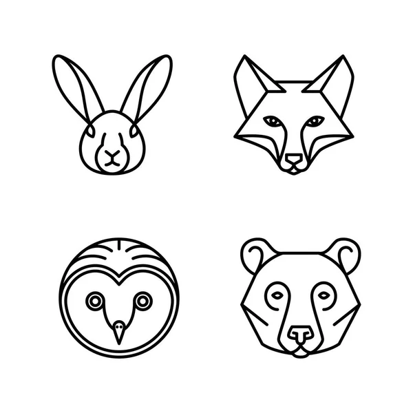 Monoline Animal Faces Set Monoline Animal Faces Fox Hare Bear — Stock Vector