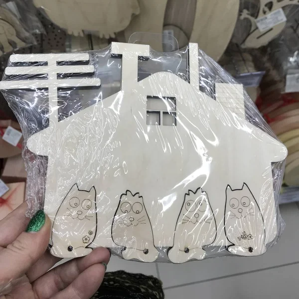 Madera Blanco Para Una Casa Juguete Paquete Plástico Mano Una — Foto de Stock