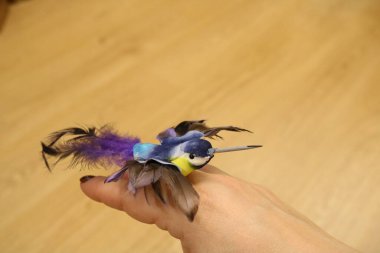 Uzun gagalı tüylerden yapılmış küçük mavi bir oyuncak kuş bej bir arka planda bir kadının elinde oturur..