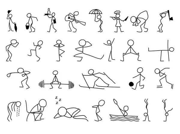 Cartoon iconen set sketch mensjes in leuke miniatuur scènes. — Stockvector