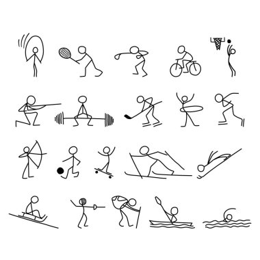 Karikatür simgeleri spor kümesi küçük şirin minyatür insanlar kroki.