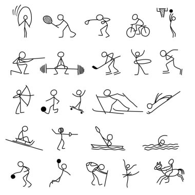 Karikatür simgeleri spor seti sopa rakamlar kroki küçük insanlar
