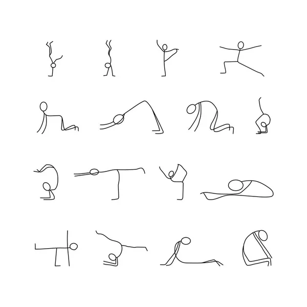 Cartoon iconen set sketch weinig mensen stokcijfers doen yoga — Stockvector