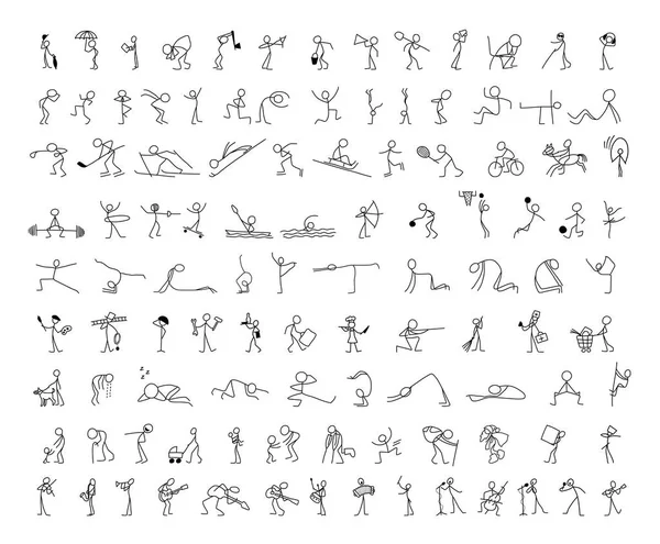 Dibujos animados iconos conjunto de boceto gente pequeña palo figura — Vector de stock