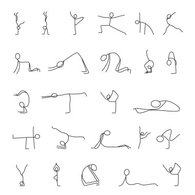 Çizgi film simgeler kümesi küçük insanlar sopa rakamlar yoga yaparken kroki