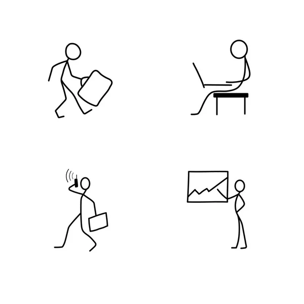 Iconos de dibujos animados conjunto de figuras de bisiness palo de boceto en escenas en miniatura lindo . — Vector de stock