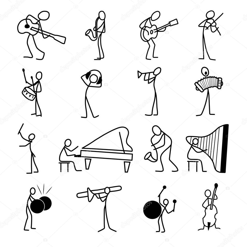 Cartoon icons set of sketch stick musician figures in cute miniature scenes.
