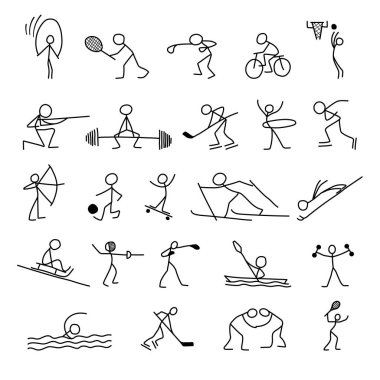 Karikatür simgeleri spor seti sopa rakamlar kroki küçük insanlar