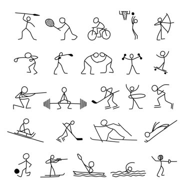 Karikatür simgeleri spor kümesi küçük şirin minyatür insanlar kroki.