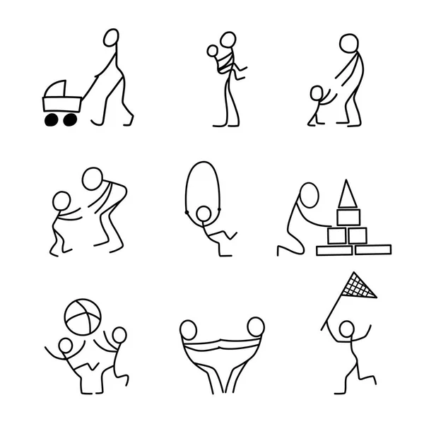 Dibujos animados iconos conjunto de boceto gente pequeña en escenas en miniatura lindo . — Vector de stock