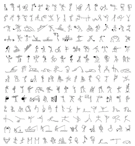 Dibujos animados iconos conjunto de 200 bosquejo poca gente palo figura — Vector de stock