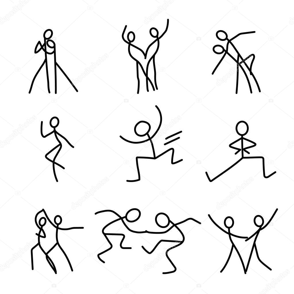 Cartoon icons set of sketch little dancing people in cute miniature scenes.