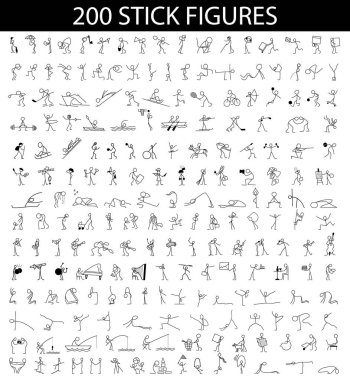 Çizgi film Icons set 200 küçük insanlar sopa rakam kroki