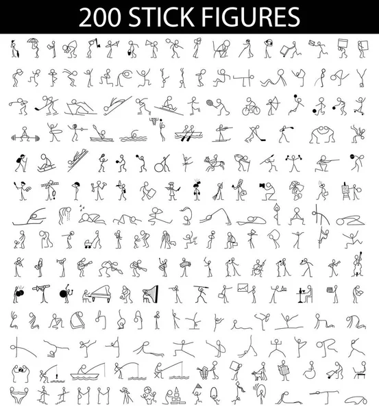 Dibujos animados iconos conjunto de 200 bosquejo poca gente palo figura — Vector de stock