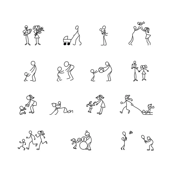 Cartoon iconen set sketch mensjes in leuke miniatuur scènes. — Stockvector