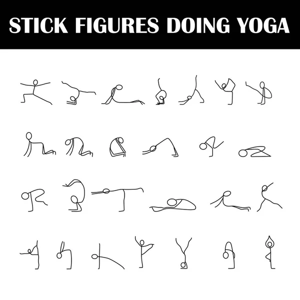 Dibujos animados iconos conjunto de boceto personas pequeñas pegan figuras haciendo yoga — Vector de stock