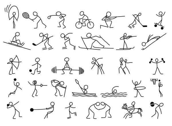 Karikatür simgeleri spor kümesi küçük şirin minyatür insanlar kroki. — Stok Vektör