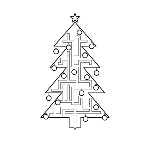 Año nuevo árbol laberinto patrón vector con camino a la salida — Archivo Imágenes Vectoriales