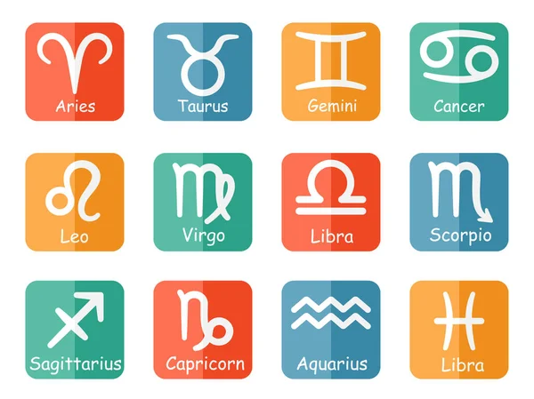Symboles de signe du zodiaque vecteur avec des légendes sur les boutons colorés — Image vectorielle