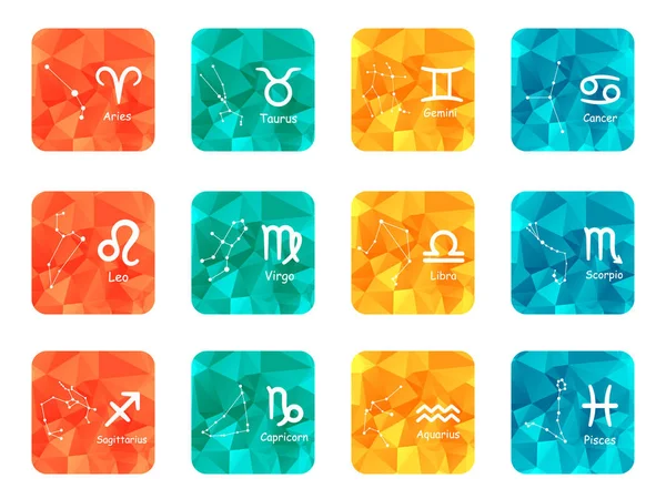 Symboles de signe du zodiaque vecteur avec des légendes sur les boutons colorés — Image vectorielle