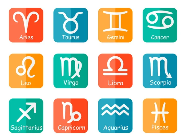 Signo del zodíaco símbolos vector con leyendas en botones de colores — Vector de stock