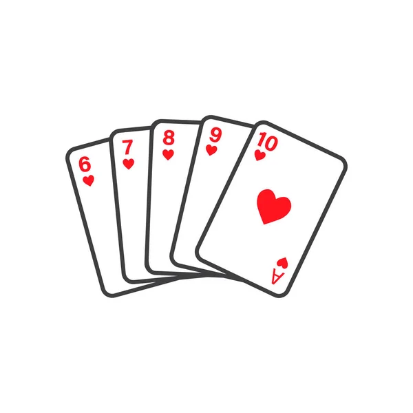 Straight Flush von Herzen von sechs bis zehn -Vektor-Spielkarten — Stockvektor