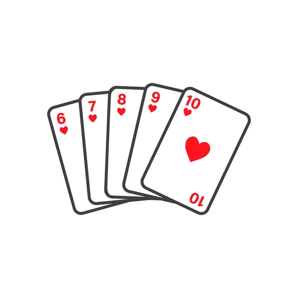 Straight Flush von Herzen von sechs bis zehn -Vektor-Spielkarten — Stockvektor