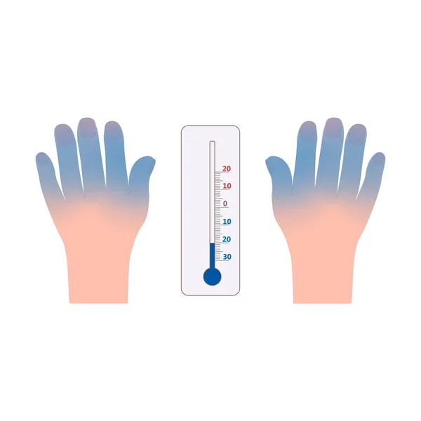 Soğuk ısırığı elleri ve termometre simgesi vektörü — Stok Vektör