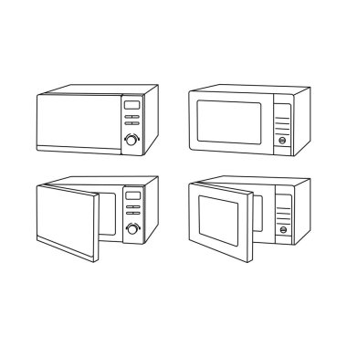 Mikrodalga fırın modern simgeler, açık ve kapalı, beyaz arkaplanda izole