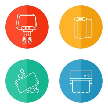 Temiz ve sağlıklı kalmak için hijyen araçları simgeleri: vektör sabunu, el kurutma makinesi, şeker kutusu ve kağıt havlu