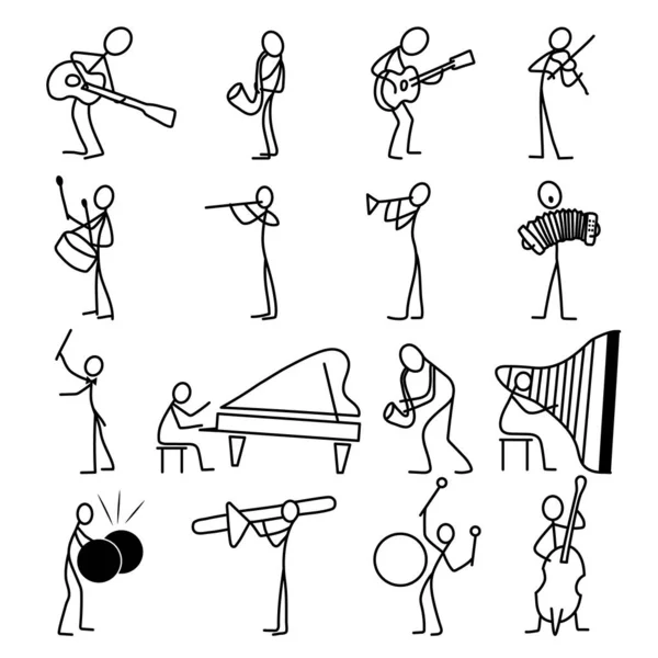 Dibujos animados iconos conjunto de boceto palo músico figuras en lindas escenas en miniatura . — Vector de stock