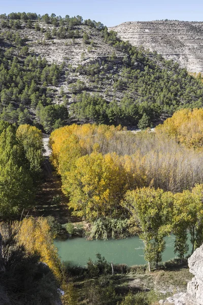 全景视图的河河谷的 Jucar 在秋天，期间参加 Alcala del Jucar，西班牙阿尔瓦塞特省 — 图库照片