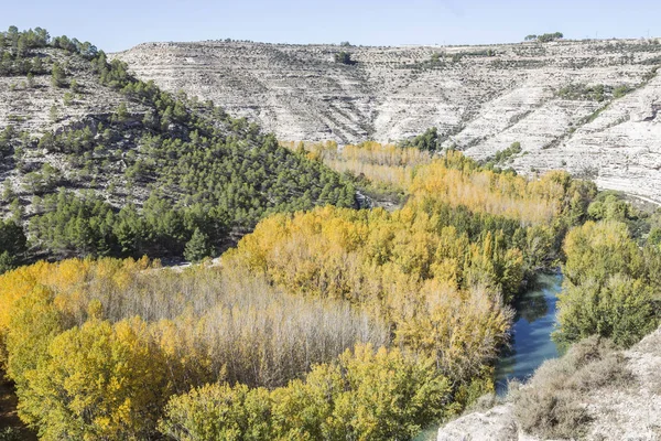 Vue panoramique sur la vallée de la rivière Jucar en automne, à Alcala del Jucar, province d'Albacete, Espagne — Photo