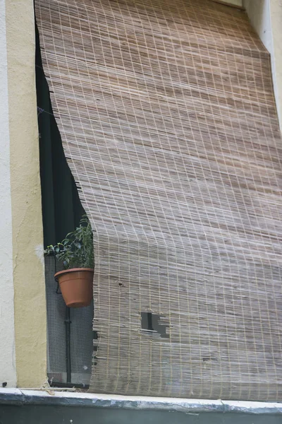 Detalle de balcones y grandes ventanales en la época del siglo XIX, Calle estrecha con arquitectura tradicional en Cádiz, Andalucía, sur de España —  Fotos de Stock