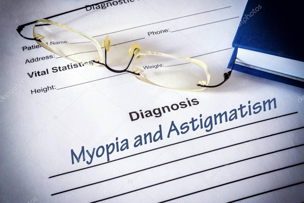 Diagnosis list with Astigmatism and myopia. Eye disorder concept