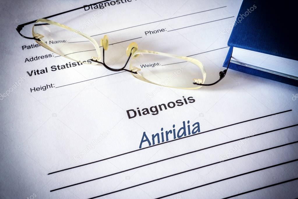Diagnosis list with aniridia. Eye disorder concept. 