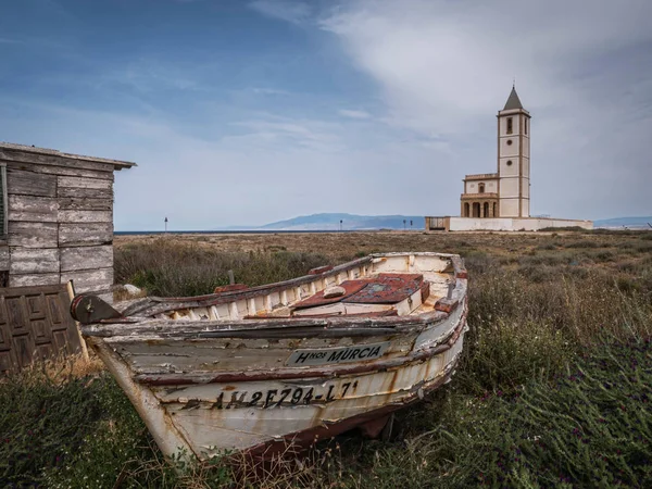 San Miguel Beach and Salinas church with stranded boats, take in Cabo de gata, Almeria, Andalusia, Spain — Stock Photo, Image