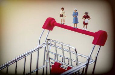Minyatür figürler kadınlar üzerinde bir alışveriş sepeti, ekonomi kavramı