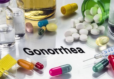 Gonorrhea, medicines as concept of ordinary treatment, conceptual image clipart