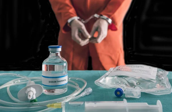 Prisoner Handcuffed Death Lethal Injection Vial Sodium Thiopental Syringe Top — Stock Photo, Image