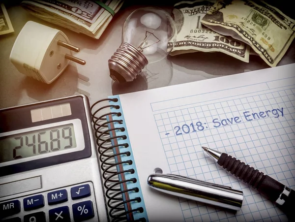 Calculator Money Next Light Bulb Concept Energy Saving — Stock Photo, Image