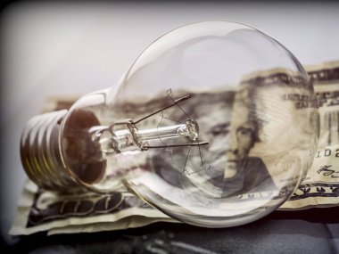 Bir ampul dolarlık banknot, enerji tasarrufu kavramı üzerinde
