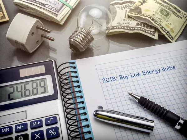 Calculator Money Next Light Bulb Writing Agenda Year 2018 Buy — Stock Photo, Image
